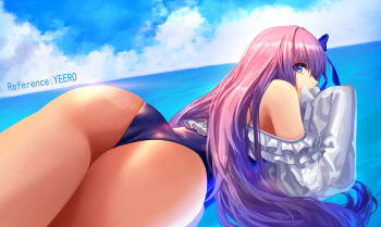 1girl ass bare_shoulders blue_eyes blue_ribbon blue_sky blush breasts fate/grand_order fate_(series) frills hair_ribbon highleg highleg_one-piece_swimsuit highres long_hair long_sleeves looking_at_viewer looking_back lying meltryllis meltryllis_(fate) meltryllis_(swimsuit_lancer)_(fate) meltryllis_(swimsuit_lancer)_(second_ascension)_(fate) ocean off-shoulder_one-piece_swimsuit off_shoulder on_stomach one-piece_swimsuit puffy_sleeves purple_hair ribbon sky sleeves_past_fingers sleeves_past_wrists small_breasts solo swimsuit thighs very_long_hair yand