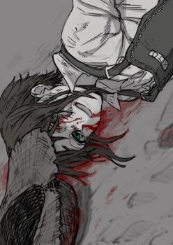 1girl blood blood_from_mouth blood_on_ground blood_stain emma_woods grin hat identity_v lying nosebleed on_side overalls sad_smile satou_saori shirt short_hair smile solo spot_color straw_hat unworn_hat unworn_headwear