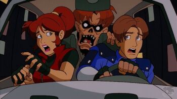 Rule 34 | 1990s (style), 1girl, 2boys, blank eyes, blue eyes, blue shirt, brown hair, car, car interior, claire redfield, driving, fake screenshot, faux retro artstyle, fingerless gloves, gloves, hands up, leon s. kennedy, lipstick, makeup, missing tooth, motor vehicle, multiple boys, open mouth, pink lips, police, police uniform, ponytail, red vest, resident evil, resident evil 2, retro artstyle, shirt, short hair, steering wheel, surprised, teeth, undead, upper teeth only, vest, yinyanggio14, zombie