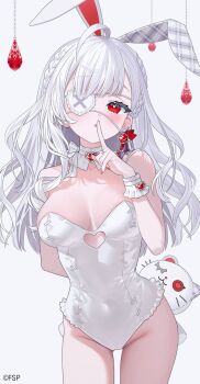 1girl ahoge animal_ears arm_behind_back bare_shoulders braid breasts bright_pupils character_request clothing_cutout covered_navel cowboy_shot detached_collar earrings eyepatch finger_to_mouth frilled_leotard frills fymrie hand_up heart heart_cutout highres indie_virtual_youtuber jewelry leotard long_hair looking_at_viewer medium_breasts parted_lips playboy_bunny rabbit_ears red_eyes shushing solo standing strapless strapless_leotard thighs virtual_youtuber white_hair white_leotard wrist_cuffs