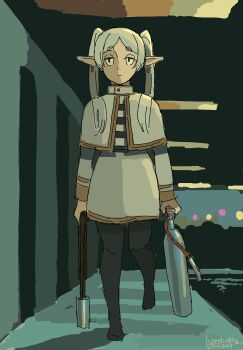 1girl belt black_belt black_pantyhose black_shirt capelet dated elf expressionless frieren gas_cylinder gem gold_trim gun hallway high_collar highres holding holding_weapon jacket kanokoga long_hair long_pointy_ears night no_country_for_old_men no_shoes pantyhose parted_bangs pointy_ears ponytail red_gemstone scene_reference shade shirt shotgun sketch skirt skirt_set solo sousou_no_frieren striped_clothes striped_shirt suppressor walking weapon white_capelet white_hair white_jacket white_shirt white_skirt