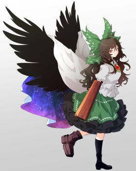 1girl arm_cannon black_wings brown_hair cape green_skirt highres long_hair nanahana_nanana red_eyes reiuji_utsuho skirt solo third_eye touhou weapon wings