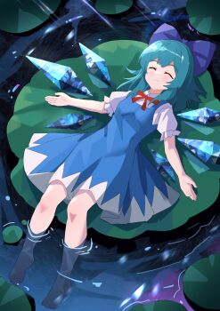 Rule 34 | 1girl, absurdres, barefoot, blue bow, blue dress, blue hair, bow, bowtie, chinese commentary, cirno, closed eyes, closed mouth, commentary request, detached wings, dress, hair bow, highres, ice, ice wings, lotus leaf, lying, on back, outdoors, pinafore dress, puffy short sleeves, puffy sleeves, red bow, red bowtie, sdftehn, shirt, short sleeves, sleeveless, sleeveless dress, smile, soaking feet, solo, toes, touhou, water, white shirt, wings