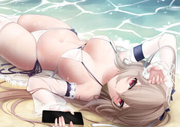 anchorage_(azur_lane) anchorage_(dolphins_and_swim_lessons)_(azur_lane) azur_lane beach bikini black_bow bow breasts cellphone collarbone commentary detached_sleeves english_commentary hair_bow holding holding_phone large_breasts light_brown_hair long_hair lying mixed-language_commentary navel on_back phone pink_eyes rika_ryne see-through_clothes see-through_sleeves shore side-tie_bikini_bottom signature sleeves_past_wrists smartphone sparkle swimsuit thighhighs two-tone_bow water wet wet_hair white_bow white_thighhighs