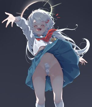 1girl absurdres blue_skirt clothes_lift from_below grey_background grey_hair halo highres long_hair long_sleeves mawe127 navel neckerchief no_panties open_mouth red_neckerchief school_uniform serafuku shirt simple_background skirt skirt_lift socks solo tongue tongue_out trickcal uros_(trickcal) very_long_hair white_shirt white_socks