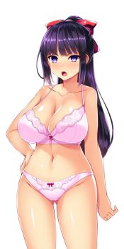 1girl black_hair blush bow bow_bra bow_panties bra breasts cleavage collarbone cowboy_shot game_cg gluteal_fold hair_ribbon hand_on_own_hip high_ponytail huge_breasts kisaragi_nozomi lace lace-trimmed_bra lace-trimmed_panties lace_trim large_variant_set long_hair looking_at_viewer navel non-web_source official_art open_mouth panties pink_bra pink_panties ponytail purple_eyes purple_hair ribbon satou_kuuki shinsou_seiki_elementia solo standing transparent_background underwear underwear_only v-shaped_eyebrows variant_set