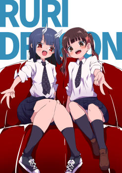 2girls :d aoki_ruri black_necktie black_shoes black_socks blue_hair blue_skirt blush bow bow_panties brown_eyes brown_hair brown_shoes collared_shirt commentary_request copyright_name dragon_horns highres horns kashiro_airi loafers long_hair long_sleeves multicolored_hair multiple_girls muu_rian necktie open_mouth panties pink_hair pleated_skirt polka_dot_necktie red_eyes ruridragon shirt shoes simple_background sitting skirt smile socks twintails two-tone_hair underwear v-shaped_eyebrows white_background white_panties white_shirt