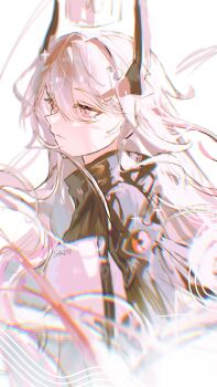 1girl absurdres arknights artist_name black_dress black_horns blurry blurry_foreground chinese_commentary closed_mouth commentary dress floating_hair from_side hair_between_eyes hair_ornament highres horns light_smile long_bangs long_hair looking_ahead pink_eyes pink_hair profile sakiyo sidelocks solo theresa_(arknights) turtleneck turtleneck_dress two-tone_dress upper_body very_long_hair white_background white_dress