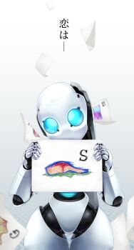 1girl blue_eyes drawing_(object) drossel_von_flugel fireball_(series) highres holding holding_drawing humanoid_robot joints mechanical_hair no_mouth rati_(absoluteblue) robot robot_girl robot_joints solo thighs