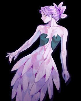 1girl \||/ absurdres black_background colored_sclera colored_skin commentary covered_erect_nipples curtained_hair english_commentary green_eyes hair_bun highres looking_to_the_side mermaid monster_girl nude original painterly pink_skin simple_background solo twulfs yellow_sclera