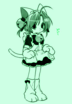 Rule 34 | 1girl, absurdres, ahoge, animal hat, bell, blush, cat hat, cat tail, character name, closed mouth, dejiko, di gi charat, expressionless, full body, green theme, hair bell, hair ornament, hat, highres, maid, menma (enaic31), monochrome, neck bell, short sleeves, solo, tail, translated