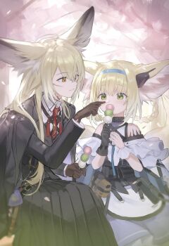 Rule 34 | 2girls, animal ears, arknights, black gloves, blonde hair, blue hairband, commentary, dango, food, fox ears, fox girl, fox tail, gloves, green eyes, hairband, highres, holding, holding food, kitsune, mother and daughter, multiple girls, pimi, sanshoku dango, shirt, suzuran (arknights), tail, untranslatable commentary, vulpisfoglia (arknights), wagashi