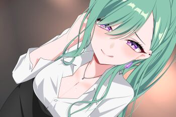 1girl :q black_skirt breasts button_gap buttons cleavage closed_mouth collared_shirt commentary_request dress_shirt dutch_angle ear_piercing earrings green_hair hand_up highres jewelry large_breasts leaning_forward long_hair long_sleeves looking_at_viewer mole mole_on_breast necklace office_lady omas_lie piercing ponytail purple_eyes shirt skirt smile solo tongue tongue_out virtual_youtuber vspo! white_shirt yakumo_beni