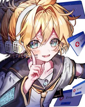 1boy absurdres aegyo_sal aqua_eyes bishounen black_arm_warmers black_sailor_collar blonde_hair blush error_message glint hair_between_eyes hair_intakes hand_up headphones headset highres kagamine_len len_02 light_particles looking_at_viewer male_focus memeshii_(utau) neckerchief open_mouth pixelated pointing pointing_up recurring_image sailor_collar shirt short_hair short_sleeves sidelocks smile solo sparkle upper_body vocaloid white_background white_shirt window_(computing) yellow_neckerchief yellow_trim