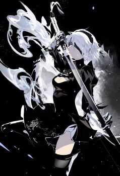 1girl 2b_(nier:automata) black_background black_dress black_gloves black_hairband black_theme black_thighhighs blindfold breasts cleavage_cutout closed_mouth clothing_cutout cofffee cowboy_shot dress feather-trimmed_sleeves gloves hairband holding holding_sword holding_weapon juliet_sleeves katana long_sleeves medium_breasts mole mole_under_mouth nier:automata nier_(series) puffy_sleeves short_hair solo sword thighhighs virtuous_contract weapon white_hair