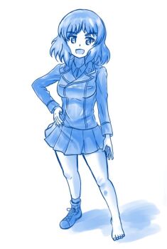 Rule 34 | 1girl, character request, commentary request, girls und panzer, girls und panzer phase erika, haiiro purin, hand on own hip, jacket, kuromorimine military uniform, looking at viewer, miniskirt, skirt, translation request, unworn shoe