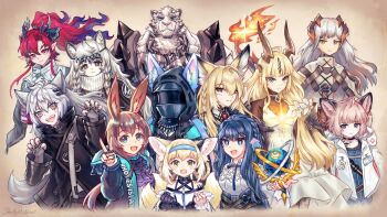 2boys 6+girls ahoge amiya_(arknights) animal_ear_fluff animal_ears arknights astesia_(arknights) blonde_hair blue_eyes blue_hairband braid commentary doctor_(arknights) dragon_horns english_commentary fox_ears fox_girl gloves hairband highres horns infection_monitor_(arknights) jacket lappland_(arknights) leopard_ears long_hair material_growth mountain_(arknights) multiple_boys multiple_girls oripathy_lesion_(arknights) ponytail pramanix_(arknights) rabbit_ears reed_(arknights) saria_(arknights) shirt starlight_akari sussurro_(arknights) suzuran_(arknights) tail vulpisfoglia_(arknights) yu_(arknights)