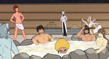 &gt;_&lt; 6+boys ace_(playing_card) ace_of_spades afro arash_(fate) bath bathing bench black_hair blonde_hair blowing_bubbles blue_eyes blue_hair bobobo-bo_bo-bobo bobobo-bo_bo-bobo_(character) brawl_stars brown_eyes brown_hair bubble bucket card closed_eyes clothed_bath colress_(pokemon) colt_(brawl_stars) convenient_censoring dust:_an_elysian_tail dust_(dust:_an_elysian_tail) facing_away facing_to_the_side facing_viewer fate_(series) fire_emblem fire_emblem:_three_houses furry furry_male gold_hair grey_hair groin hand_on_chin hands_on_own_hips hat highres hijiyama_takatoshi humming ignatxxx ignatz_victor juusan_kihei_bouei_ken lab_coat looking_at_viewer looking_to_the_side male_focus motion_blur motion_lines multicolored_hair multiple_boys musical_note nintendo nipples one_eye_closed onsen outdoors playing_card pokemon red_hair rock same-sex_bathing shared_bathing sideburns sigh sky slipping snorkel spade_(shape) speech_bubble spoken_musical_note stack stairs star_(sky) starry_sky streaked_hair strip_poker_night_at_the_inventory sunglasses tail towel towel_around_waist twisted_fate water wink