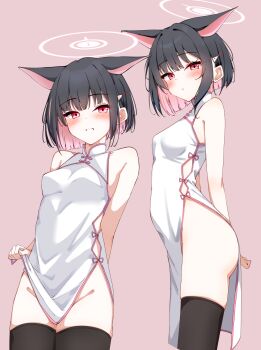 1girl alternate_costume animal_ears bare_shoulders black_hair black_thighhighs blue_archive blush breasts cat_ears china_dress chinese_clothes colored_inner_hair commentary_request cropped_legs dress extra_ears groin hair_ornament hairclip halo highres kabocya_na kazusa_(blue_archive) lifting_own_clothes looking_at_viewer multicolored_hair multiple_views no_panties pelvic_curtain pink_background pink_hair pink_halo red_eyes short_hair simple_background sleeveless sleeveless_dress small_breasts smile thighhighs two-tone_hair white_dress