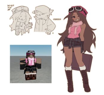 Rule 34 | 1boy, 1girl, air zizon, beanie, black shirt, block tales, boots, brown boots, brown hair, clothes around waist, commentary request, english text, goggles, goggles on head, griefer (block tales), hair intakes, hat, highres, holding, holding suitcase, jacket, jacket around waist, korean commentary, kyoko (block tales), long hair, one eye closed, pink hat, pink scarf, roblox, scarf, shirt, sleeveless, sleeveless shirt, socks, suitcase, tooth gap, very long hair, white socks