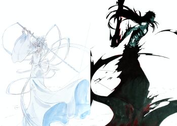 Rule 34 | 1boy, 1girl, 31ulkubo, alternate form, bandage on neck, bandaged chest, bandaged torso, bandages over mouth, bankai, black hakama, bleach, cryokinesis, crystal sword, form change, hakama, hakka no togame (bankai), haori, ice, ice crystal, ice flower, japanese clothes, kuchiki rukia, kurosaki ichigo, long ribbon, mugetsu form (bleach), official alternate hair color, sash, sword, taichou haori, torn bandages, transparent sword, transparent weapon, weapon, white sash, zanpakutou