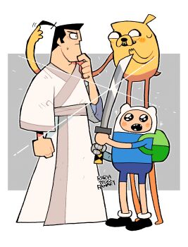 3boys absurdres adventure_time backpack bag black_eyes black_hair blonde_hair blush cartoon_network company_connection crossover dog elasticity finn_the_human green_bag hat highres holding holding_weapon hood jake_the_dog japanese_clothes katana kimono long_hair male_focus mechanical_arms multiple_boys open_mouth rariatto_(ganguri) samurai samurai_jack samurai_jack_(character) shirt short_hair shorts single_mechanical_arm smile stretching sword teeth toon_(style) topknot two-handed weapon