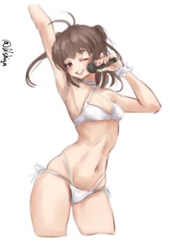 Rule 34 | 1girl, antenna hair, arm up, armpits, bikini, breasts, brown eyes, brown hair, cowboy shot, double bun, hair bun, highres, holding, holding microphone, kantai collection, lilshigu, looking at viewer, microphone, multi-strapped bikini bottom, naka (kancolle), one-hour drawing challenge, one eye closed, parted lips, short hair, side-tie bikini bottom, simple background, small breasts, solo, swimsuit, twitter username, white background, white bikini