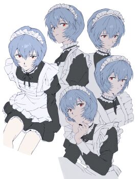 1girl absurdres alternate_costume apron ayanami_rei black_dress blue_hair closed_mouth dress enmaided expressionless hair_between_eyes highres k_and_s_53 long_sleeves looking_at_viewer maid maid_apron maid_headdress multiple_views neon_genesis_evangelion red_eyes short_hair simple_background sitting white_apron white_background