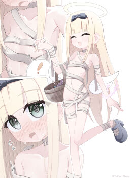 ! 1girl artist_name bandages blonde_hair blush breasts closed_eyes collarbone commentary_request detached_wings embarrassed green_eyes halo highres loli long_hair low_wings minto_yupo multiple_views naked_bandage navel nose_blush open_mouth original platform_sandals sandals small_breasts speech_bubble spoken_exclamation_mark traditional_halo twitter_username very_long_hair white_wings wings yellow_halo