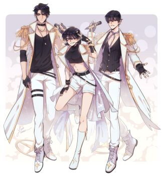 1girl 2boys :d abstract_background belt black_eyes black_gloves black_hair black_shirt boots border coat collar contrapposto crop_top elbow_pads epaulettes fingerless_gloves ginsan gloves gold_trim halterneck han_sooyoung holding holding_microphone idol kim_dokja looking_at_viewer matching_outfits microphone microphone_stand multiple_boys neck_ribbon omniscient_reader&#039;s_viewpoint open_clothes open_coat open_mouth outside_border outstretched_hand pectoral_cleavage pectorals ribbon shirt short_hair shorts smile standing standing_on_one_leg star_pendant v white_boots white_border white_coat white_shorts yoo_joonghyuk