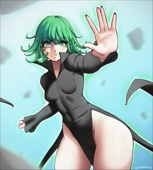 1girl absurdres aura curly_hair curvy fraankyy green_eyes green_hair hand_up highres one-punch_man pout shiny_skin short_hair solo tatsumaki thick_thighs thighs wide_hips