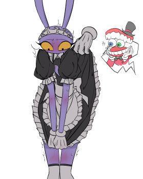 absurdres animal_ears apron blue_eyes blush caine_(the_amazing_digital_circus) clothes_lift colored_skin embarrassed feet_out_of_frame gloves green_eyes grey_thighhighs hashtag-only_commentary heterochromia highres hyvgez jax_(the_amazing_digital_circus) looking_at_another looking_down maid maid_apron maid_headdress own_hands_together puffy_short_sleeves puffy_sleeves purple_skin rabbit_boy rabbit_ears short_sleeves simple_background skirt skirt_lift the_amazing_digital_circus thighhighs white_background white_gloves yellow_eyes