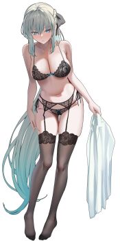 1girl absurdres black_bow black_bra black_garter_belt black_panties black_pantyhose blue_eyes blush bow bow_bra bra braid breasts cleavage closed_mouth clothing_cutout commentary_request fate/grand_order fate_(series) full_body garter_belt grey_hair hair_between_eyes hair_bow half_up_braid highres holding lace lace-trimmed_bra lace-trimmed_panties lace-trimmed_thighhighs lace_trim large_breasts lingerie long_hair long_sleeves looking_at_viewer mishiro_(ixtlolton) morgan_le_fay_(fate) navel panties pantyhose ponytail sidelocks simple_background solo stomach_cutout thighhighs underwear underwear_only very_long_hair white_background white_hair