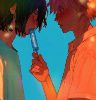 arm_up black_hair blonde_hair blue_background blue_eyes collared_shirt crew_neck facial_mark food from_side highres holding holding_food holding_popsicle implied_yaoi lips madarabeliever melting_popsicle naruto_(series) naruto_shippuuden orange_shirt popsicle profile sexually_suggestive shirt short_hair simple_background spiked_hair uchiha_sasuke upper_body uzumaki_naruto whisker_markings white_shirt