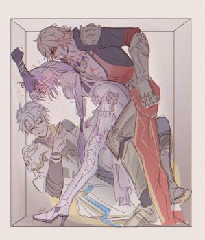 1girl 2boys armored_boots behind_another bent_over blush boots border castorice_(honkai:_star_rail) closed_eyes coat cramped dress from_side full_body gauntlets gloves gnarlypzofbread grey_hair high_heel_boots high_heels highres honkai:_star_rail honkai_(series) leaning_back long_hair long_sleeves looking_at_another multiple_boys mydei_(honkai:_star_rail) open_mouth phainon_(honkai:_star_rail) purple_hair short_hair sitting smile standing stuck_in_a_box sweat thigh_boots trembling white_border