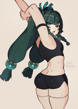 1girl android arm_strap armpits ass black_shirt black_shorts braid braided_sidelocks breasts crop_top from_behind green_eyes green_hair highres humanoid_robot long_hair looking_at_viewer looking_back oniyanna open_mouth qingyi_(zenless_zone_zero) robot shirt short_shorts shorts simple_background small_breasts solo stretching thick_thighs thighs twintails v-shaped_eyebrows zenless_zone_zero