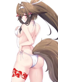 1girl absurdres alternate_costume animal_ear_fluff animal_ears artist_name ass bare_shoulders bikini breasts brown_hair brown_tail closed_mouth clover clover_hair_ornament commentary commentary_request commission cowboy_shot droopy_ears english_commentary from_behind grabbing_own_breast hair_intakes hair_ornament hairband highres large_breasts leg_tattoo long_hair looking_at_viewer looking_back mixed-language_commentary red_eyes septiawan_dms shoulder_blades simple_background smile solo string_bikini swimsuit tail tattoo twitter_username white_background white_bikini white_hairband ye_shunguang zenless_zone_zero