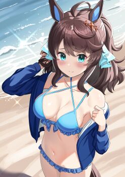 1girl absurdres ahoge animal_ears beach bikini blue_bikini blue_eyes blue_jacket blush breasts brown_hair closed_mouth collarbone commentary_request daring_tact_(umamusume) hair_between_eyes hair_ornament highres horse_ears horse_girl horse_tail jacket long_hair long_sleeves looking_at_viewer medium_breasts navel open_clothes open_jacket outdoors ponytail smile solo star_(symbol) star_hair_ornament stomach swimsuit tail umamusume wanderlucia water