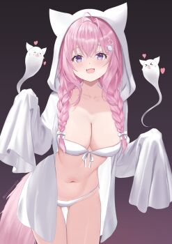 1girl :d alternate_costume animal_ear_hood antenna_hair bra braid breasts cleavage commentary_request crossed_bangs double-parted_bangs dress fake_animal_ears fang ghost ghost_costume gluteal_fold gradient_background hair_between_eyes hair_over_shoulder hakui_koyori hexagon_hair_ornament highres hololive hood hood_up hooded_jacket jacket kei_(keiillustrator) kokoro_(hakui_koyori) large_breasts long_hair looking_at_viewer low_twin_braids navel open_mouth panties purple_background skin_fang sleeves_past_fingers sleeves_past_wrists smile solo stomach tail thigh_gap twin_braids underwear white_bra white_dress white_jacket white_panties wolf_girl wolf_tail