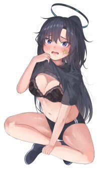 1girl black_bra black_buruma black_shirt blue_archive blue_eyes blush bra breasts buruma cleavage clothes_lift commentary embarrassed english_commentary freshbeef full_body gym_uniform halo highres hot indian lace lace_bra large_breasts lifting_own_clothes long_hair looking_at_viewer mechanical_halo navel official_alternate_costume official_alternate_hairstyle open_mouth ponytail purple_hair shirt shirt_lift simple_background sitting skirt skirt_lift solo star_(symbol) star_sticker sticker sticker_on_face sweat thighs underwear very_long_hair white_background wiping_with_clothes yuuka_(blue_archive) yuuka_(track)_(blue_archive)