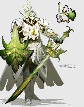 absurdres armor dated gen_8_pokemon grey_background helmet highres nintendo personification pokemon pokemon_(creature) reference_inset shadow shield signature sirfetch'd sukepmonster sword weapon