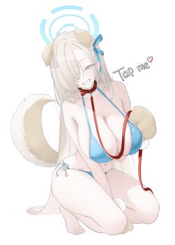 1girl absurdres animal_collar animal_ears animal_hands asuna_(blue_archive) bare_shoulders barefoot bikini blonde_hair blue_archive blue_bikini blue_eyes blue_halo blush breasts chico_(51m741) cleavage collar collarbone dog_ears dog_tail gloves grin hair_over_one_eye halo highres holding holding_leash kneeling large_breasts leash long_hair looking_at_viewer meme mole mole_on_breast navel paw_gloves smile solo swimsuit tail tap_me_(meme) thighs triangle_bikini_top very_long_hair