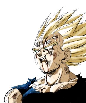 1boy 1rasutotoukou battle_damage blonde_hair blood blood_from_mouth commentary_request dragon_ball dragonball_z facial_mark forehead_mark green_eyes majin_vegeta muscular muscular_male parted_lips simple_background smile solo spiked_hair super_saiyan upper_body vegeta veins white_background