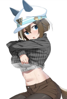 1girl animal_ears black_pantyhose blue_eyes blush breasts brown_hair brown_shorts cheval_grand_(umamusume) clothes_lift commentary_request ear_covers ears_through_headwear grey_sports_bra grey_sweater hair_between_eyes hat hat_belt horse_ears horse_girl horse_tail large_breasts long_hair long_sleeves looking_at_viewer midriff multicolored_hair navel open_mouth pantyhose peaked_cap sasanon_(sasapoliton) shirt_lift shorts simple_background solo sports_bra streaked_hair sweat sweater tail umamusume white_background white_hair white_hat