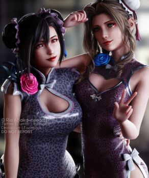 2girls 3d aerith_gainsborough animal_print asymmetrical_bangs bare_arms black_hair blue_flower blue_rose breasts brown_hair china_dress chinese_clothes cleavage cleavage_cutout clothing_cutout double_bun dress eyeshadow final_fantasy final_fantasy_vii final_fantasy_vii_remake flower green_eyes hair_bun highres large_breasts lipstick makeup medium_breasts multiple_girls parted_bangs pink_flower pink_rose red_eyes ria-neearts rose sidelocks sleeveless sleeveless_dress square_enix tifa_lockhart upper_body v wall_market wavy_hair
