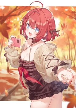 1girl :d absurdres ahoge autumn bare_shoulders blue_eyes blush bow bowtie breasts brown_bow brown_cardigan brown_dress cardigan cellphone cleavage commentary commission cowboy_shot day dress fang hair_bow halter_dress halterneck hanasaki_kureha highres hiraga_matsuri holding holding_hands holding_phone indie_virtual_youtuber long_sleeves medium_breasts open_cardigan open_clothes open_mouth outdoors outside_border phone pillarboxed red_bow red_bowtie red_hair short_dress short_hair sidelocks skeb_commission skin_fang sleeve_bow sleeveless sleeveless_dress smartphone smile solo_focus virtual_youtuber