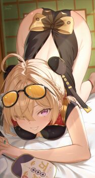 Rule 34 | 1girl, absurdres, ahoge, all fours, aqua nails, black dress, blonde hair, china dress, chinese clothes, commentary request, dress, eyewear on head, grin, hair over one eye, hand fan, highres, holding, holding fan, kamory, looking at viewer, nail polish, on bed, purple eyes, smile, solo, sunglasses, sweety (zenless zone zero), tinted eyewear, top-down bottom-up, zenless zone zero