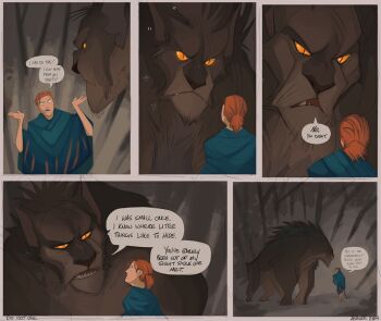 1girl 1other blue_poncho english_text full_body greekceltic green_eyes jacky_(greekceltic) jim_(greekceltic) orange_hair orange_poncho original outdoors poncho ponytail size_difference speech_bubble tail tree