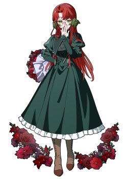 Rule 34 | 1girl, adjusting eyewear, arm behind back, au ra, boots, bouquet, brown boots, commentary request, covered mouth, dragon horns, dreaminglum, dress, final fantasy, final fantasy xiv, flower, full body, glasses, green dress, green eyes, halmarut (ff14), highres, holding, holding bouquet, horns, korean commentary, long hair, looking at viewer, red eyes, red flower, red rose, rose, round eyewear, scales, simple background, solo, standing, white background