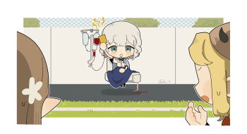 3girls arm_up blanket blonde_hair blowing_whistle blue_sky border brown_hair chain-link_fence chibi cristallo daku_k elf erick_(reverse:1999) fake_horns fence grass green_eyes hand_up highres holding holding_whistle horned_headwear horns intravenous_drip iv_stand la_source_(reverse:1999) looking_at_viewer mouth_hold multiple_girls open_mouth outdoors outside_border pointy_ears reverse:1999 shirt short_hair short_sleeves sitting sky sweatdrop whistle white_border white_hair white_shirt yellow_card
